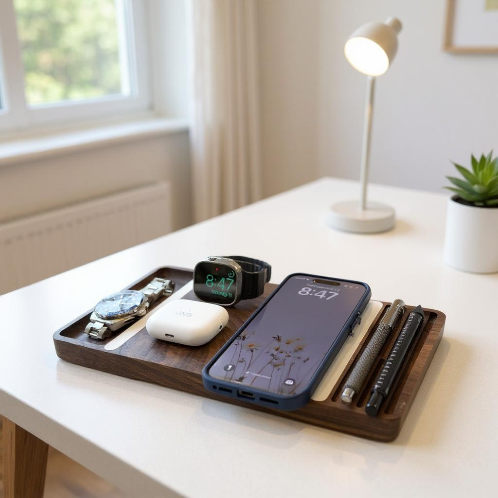 Wooden wireless charging dock with night light and storage on a bedroom nightstand