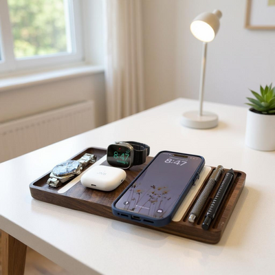 Wooden wireless charging dock with night light and storage on a bedroom nightstand