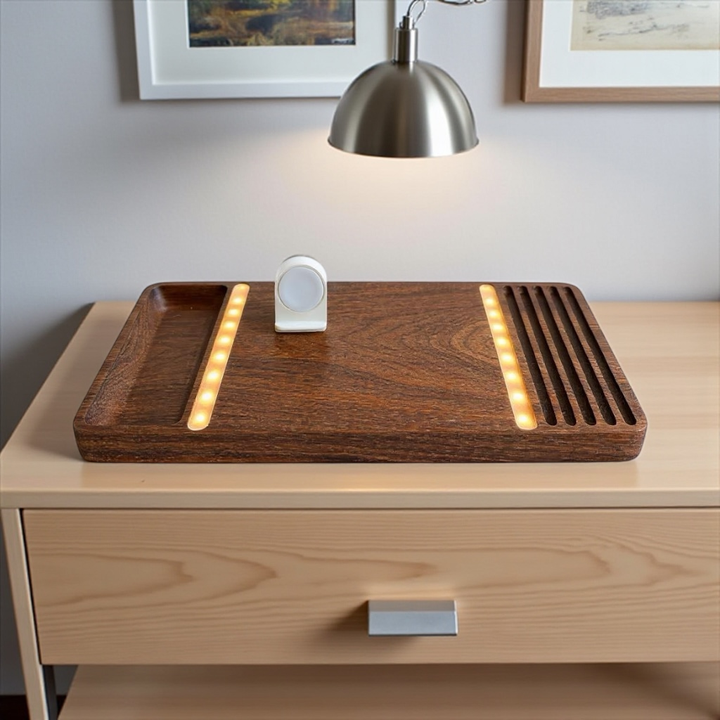 Wooden wireless charging dock with night light and storage on a bedroom nightstand