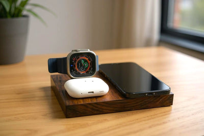 Edge Walnut 3-in-1 Apple charging station

wooden MagSafe charging dock for iPhone Apple Watch AirPods

premium walnut wireless charging pad for Apple devices

triple coil MagSafe Apple charging station