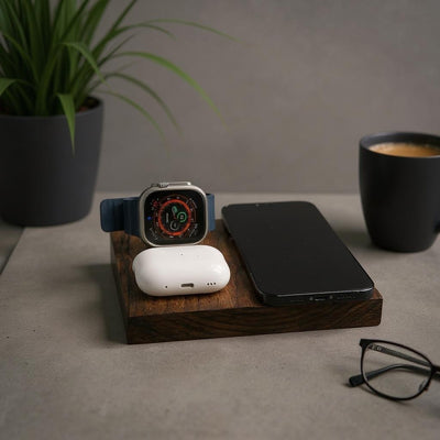 Edge Walnut 3-in-1 Apple charging station

wooden MagSafe charging dock for iPhone Apple Watch AirPods

premium walnut wireless charging pad for Apple devices

triple coil MagSafe Apple charging station