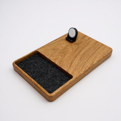 walnut wooden MagSafe charging station for Apple devices

3-in-1 wireless iPhone Apple Watch AirPods dock

wooden charging dock with felt-lined tray

Catura Deluxe charging station with accessory tray

handcrafted walnut Apple device organizer

