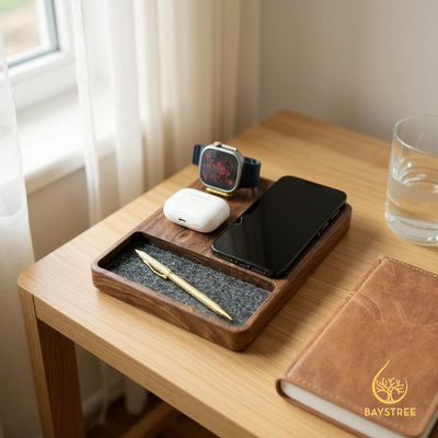 walnut wooden MagSafe charging station for Apple devices

3-in-1 wireless iPhone Apple Watch AirPods dock

wooden charging dock with felt-lined tray

Catura Deluxe charging station with accessory tray

handcrafted walnut Apple device organizer

