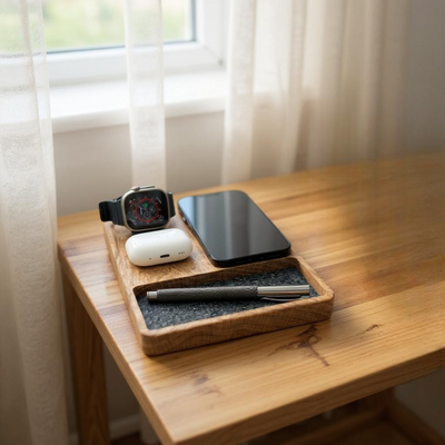 walnut wooden MagSafe charging station for Apple devices

3-in-1 wireless iPhone Apple Watch AirPods dock

wooden charging dock with felt-lined tray

Catura Deluxe charging station with accessory tray

handcrafted walnut Apple device organizer


