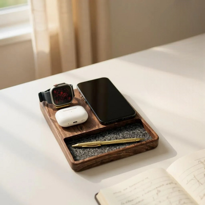walnut wooden MagSafe charging station for Apple devices

3-in-1 wireless iPhone Apple Watch AirPods dock

wooden charging dock with felt-lined tray

Catura Deluxe charging station with accessory tray

handcrafted walnut Apple device organizer

