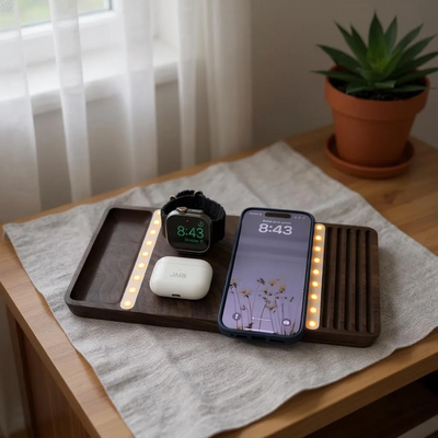 Wooden wireless charging dock with night light and storage on a bedroom nightstand