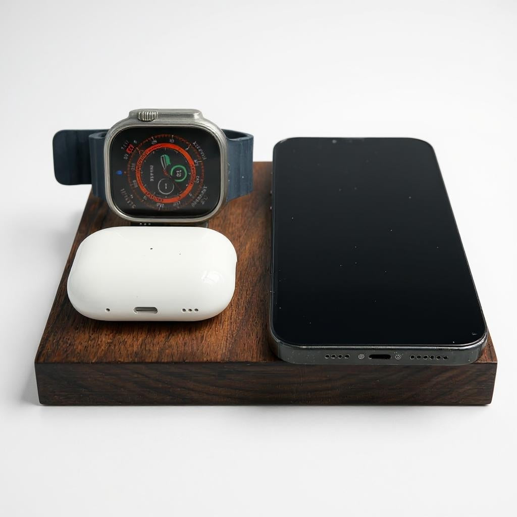 Edge Walnut 3-in-1 Apple charging station

wooden MagSafe charging dock for iPhone Apple Watch AirPods

premium walnut wireless charging pad for Apple devices

triple coil MagSafe Apple charging station