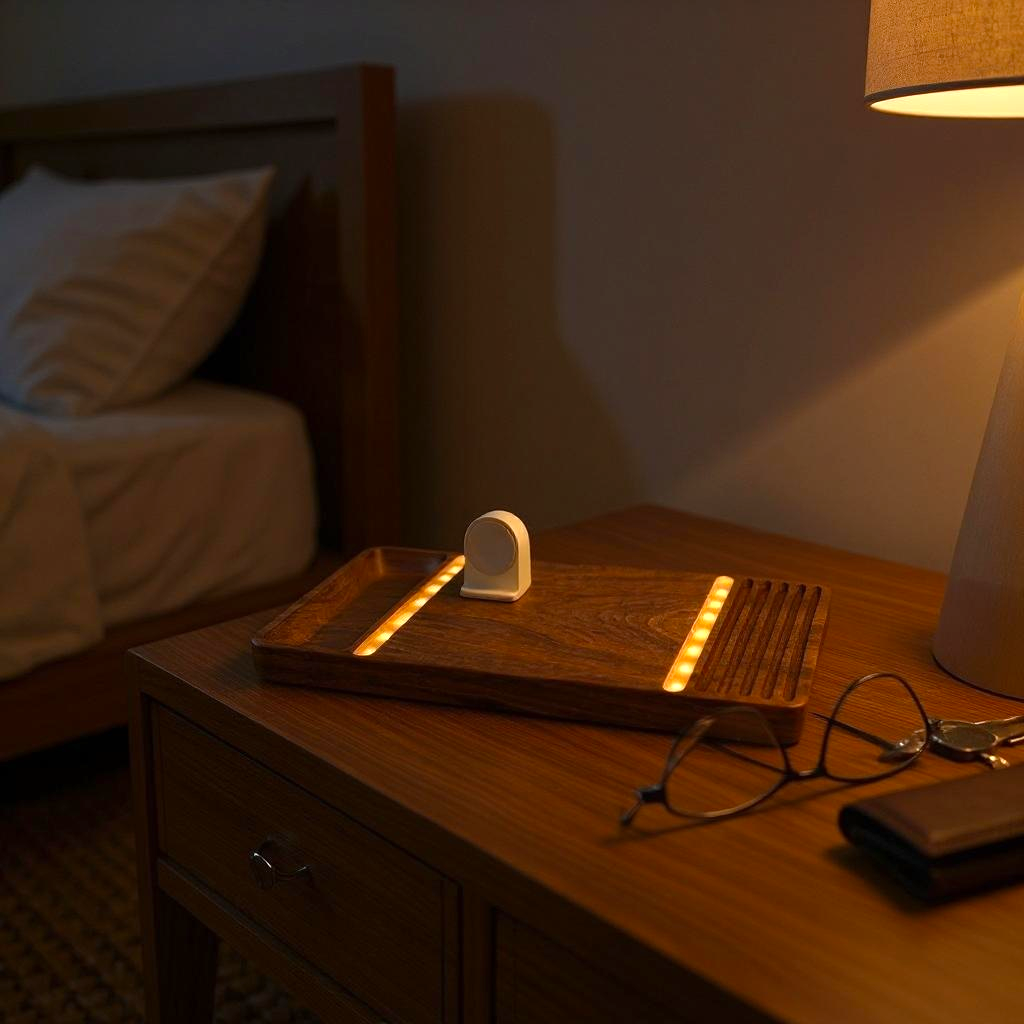Wooden desk organizer tray holding pens and cufflinks alongside wireless charging station
