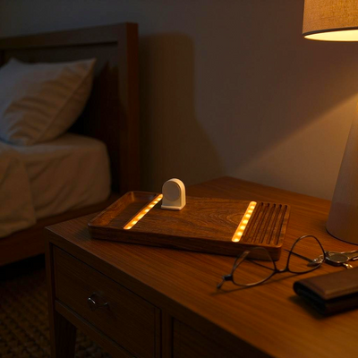 Wooden desk organizer tray holding pens and cufflinks alongside wireless charging station