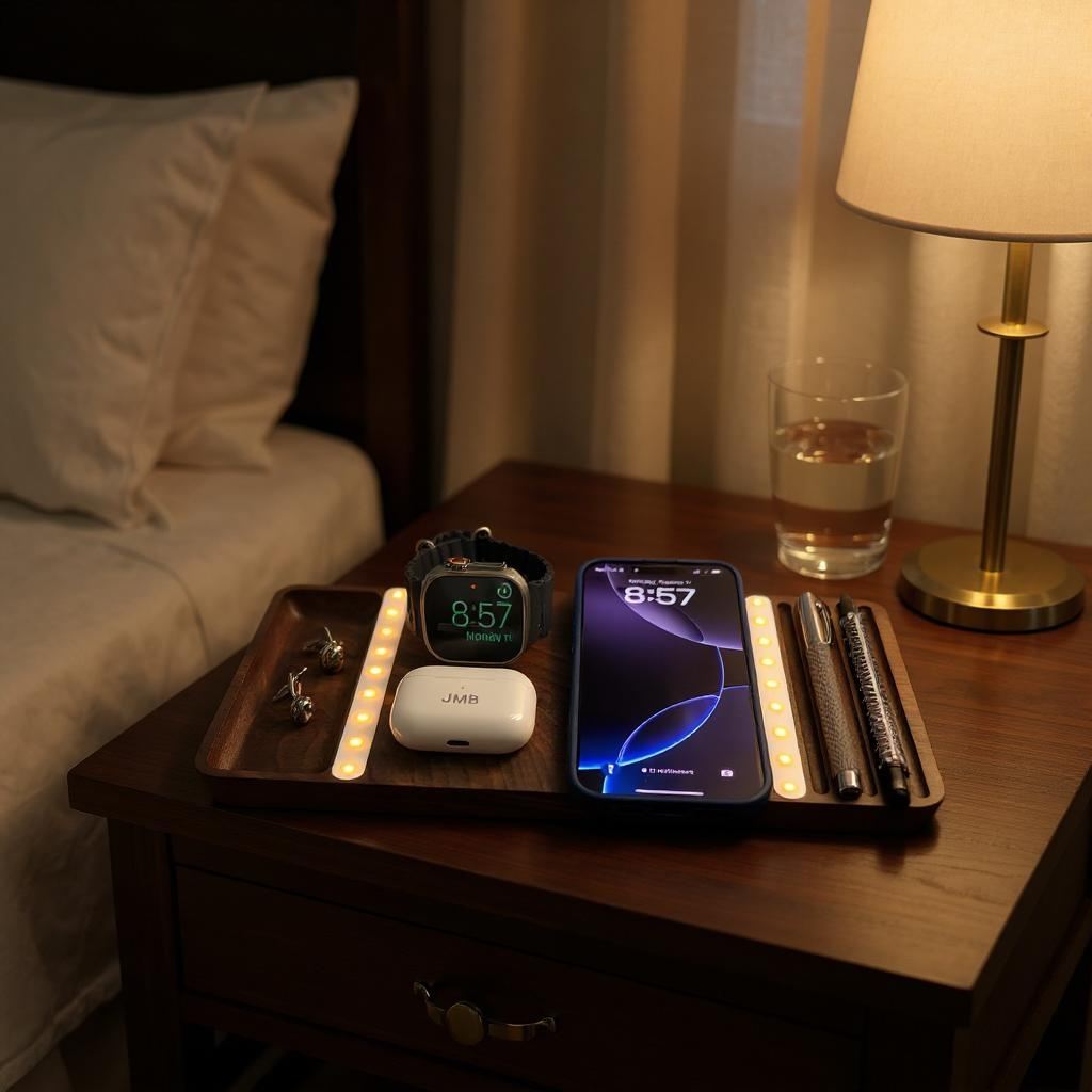 Wooden wireless charging dock with night light and storage on a bedroom nightstand