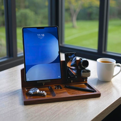 Samsung Tablet Workstation – 4-in-1 Wooden Charging Station & Organizer