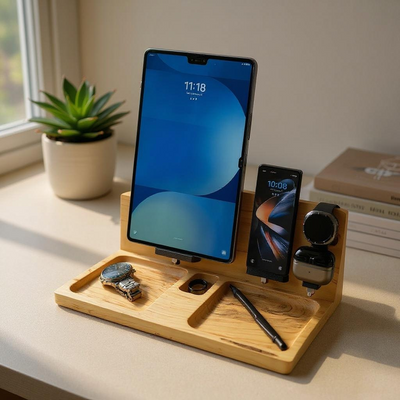 Samsung Tablet Workstation – 4-in-1 Wooden Charging Station & Organizer