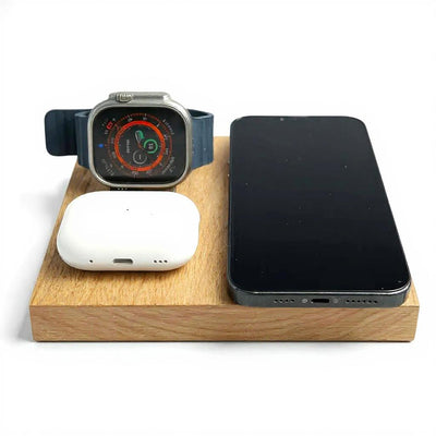 wooden Apple charger in maple walnut and oak

3-in-1 wireless charging dock for iPhone Apple Watch AirPods

minimalist walnut MagSafe charging station

natural oak wood iPhone dock

maple MagSafe wireless Apple charger
