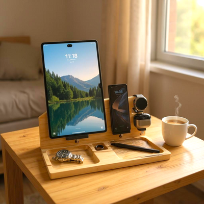 Samsung Tablet Workstation – 4-in-1 Wooden Charging Station & Organizer
