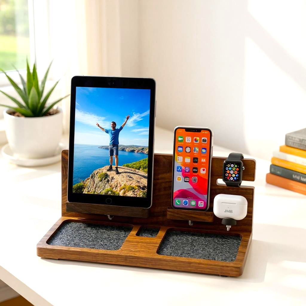 Close-up of magnetic locking mechanism, cable management grooves, and walnut grain details on handcrafted Apple charging dock