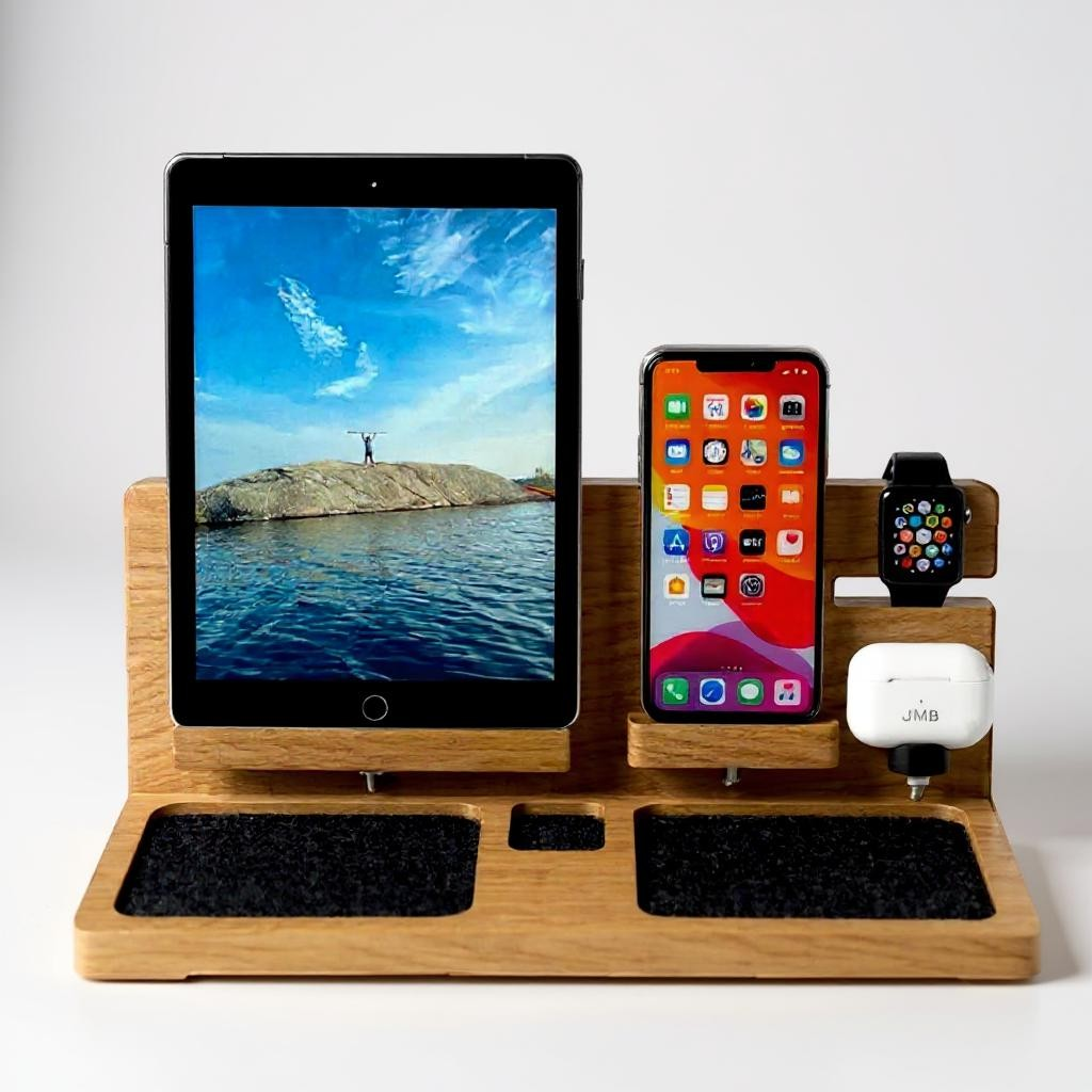 4-in-1 wooden Apple charging station with iPhone, iPad, Apple Watch, and AirPods docked, handcrafted walnut dock on modern desk
