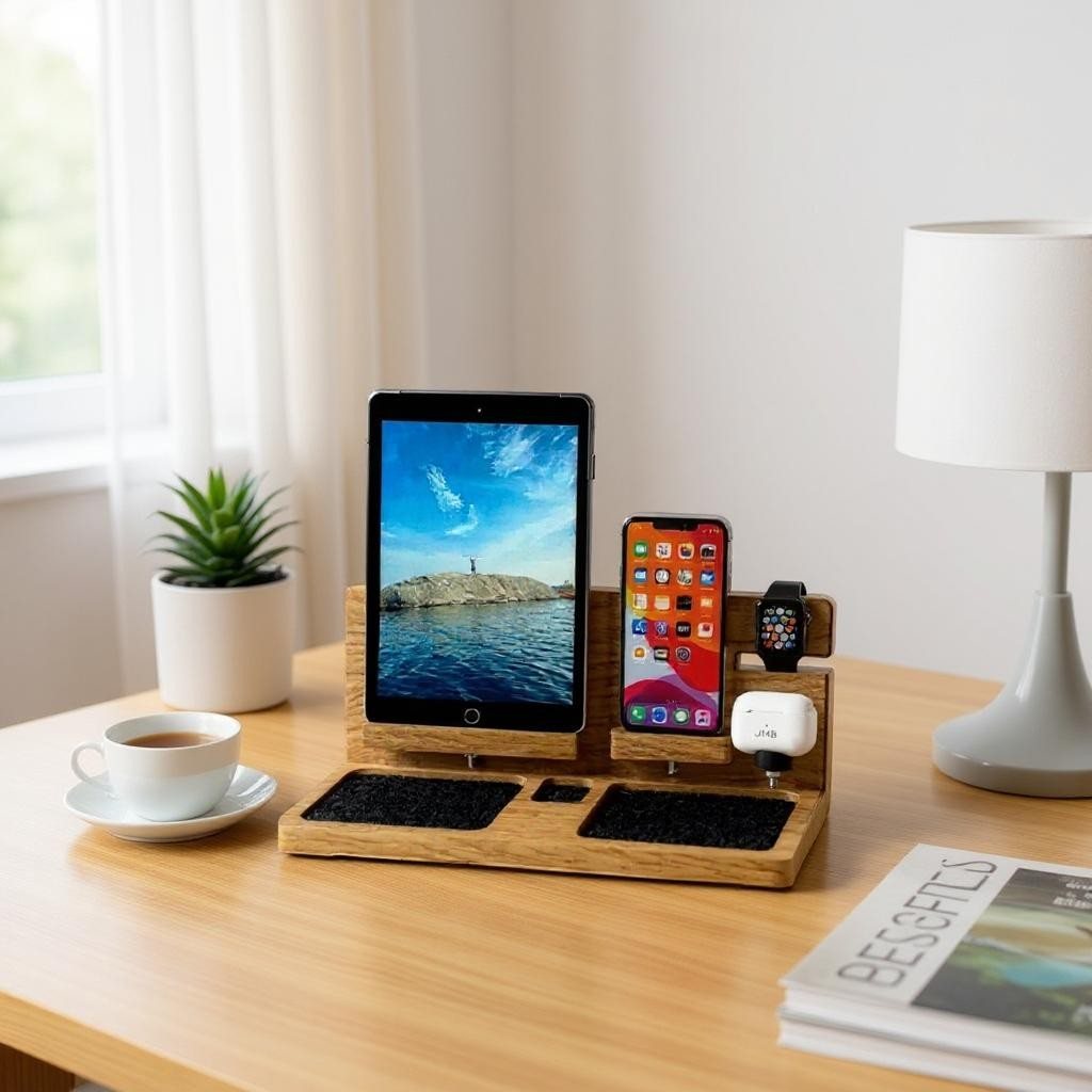 Detail shot of walnut wood texture and artisan assembly of handcrafted 4-in-1 Apple dock made in Canada